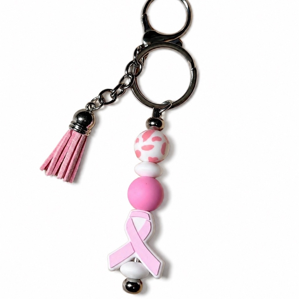 Pink Ribbon Beaded Keychain with Tassel